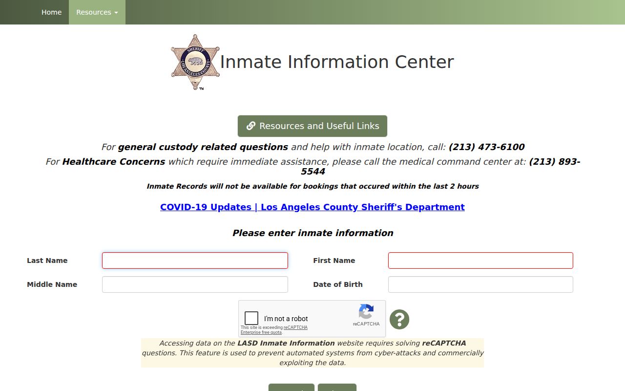 Hawthorne neighbors Los Angeles County Sheriff inmate information search
