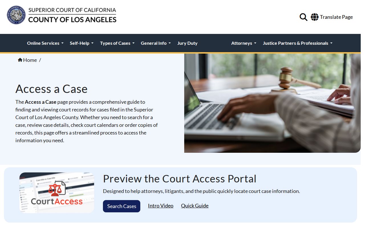 Hawthorne resident lookup on the Los Angeles Superior Court Find a Case screen